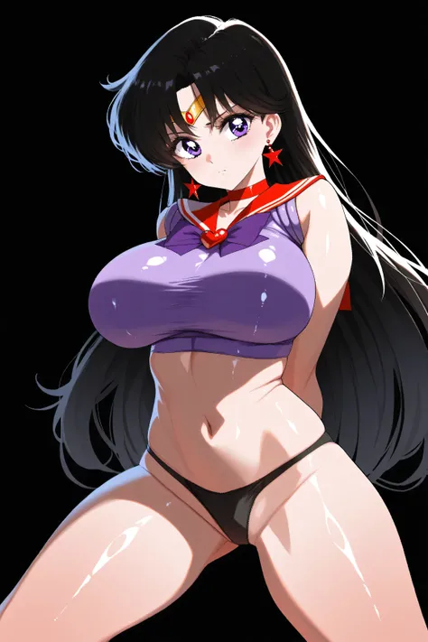 Sailor Mars from Sailor Moon, big breasts, black hair with a purple shine,  purple eyes, tight tube top, panties, arms behind back, shiny skin, black background, looking at viewer, 