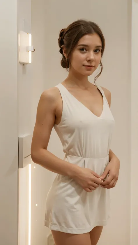  create an image of a 27-year-old woman ,  brown hair, wearing a Princess Leia ,  with her famous hairstyle and characteristic white dress .  The image must capture her entire body in a minimalist room ,  cosplay with a simple and elegant decoration .  The...