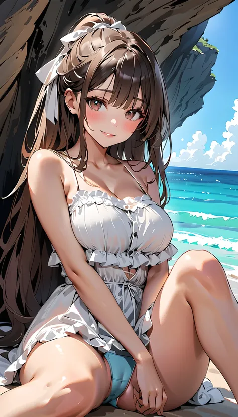 Big Breasts,  sitting , this is a very sexy lady in a very small Bikini on top of the beach, alone, swimsuit, Bikini, beach, shiny brown long hair, ribbon ponytail, beautiful brown eyes, smile, Sparkling Eyes, (fine grain), very detailed eyes, highly detai...