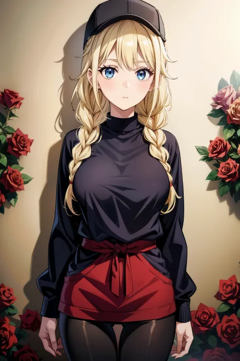 shy girl, mature woman, red eyes, hair up, sexy, medium breast, slender body, black leggins, red sweater, wall full of roses, roses, rose petals, , more_details:1.5,Eiko Tsukimi, blue eyes, braid, twin braid, (((blonde hair))), long hair,baseball cap,Eiko ...