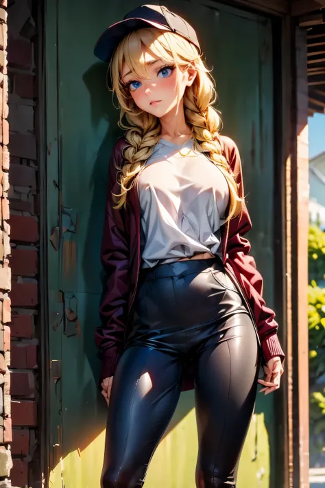 shy girl, mature woman, red eyes, hair up, sexy, medium breast, slender body, black leggins, red sweater, wall full of roses, roses, rose petals, , more_details:1.5,Eiko Tsukimi, blue eyes, braid, twin braid, (((blonde hair))), long hair,baseball cap,Eiko ...