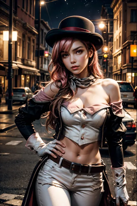 pink and brown hair, multicolored hair, neopolitanatlas, bowler hat, grey scarf, white gloves, white shirt, off-shoulder shirt, black sleeves, midriff, white belt, white pants, outdoors, post apocalyptic scene, future urban, cityscape, debris, bonfire, wre...