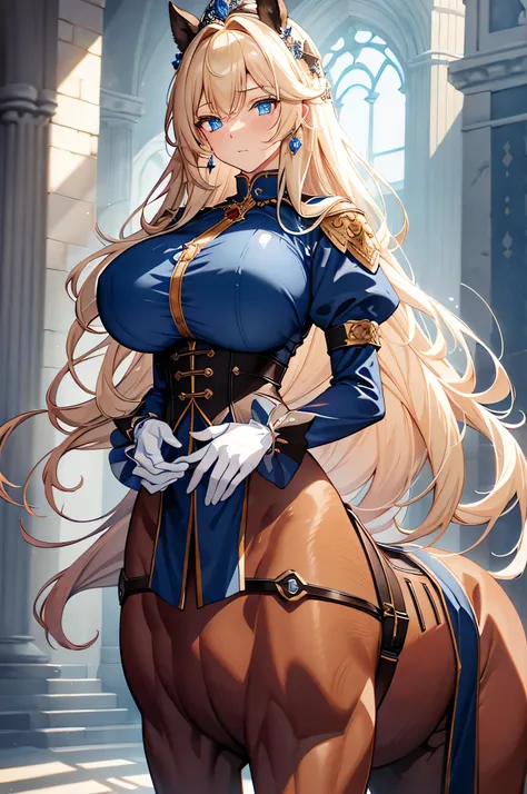 4K, high definition ,One Woman,Centaur,Blonde, long hair , blue eyes , brown fur, huge boobs from afar,princess,blue gothic dress, White Long Gloves,princessのティアラ,Jewelry decoration,Medieval castle