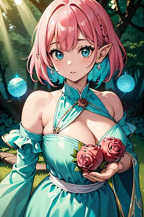 ((( cute forest fairy woman )))、Deep in the forest 、(((Wrapped in shining orbs))),((( sunlight filtering through the trees illuminates her :1.3)))、(((aqua blue and rose pink mixed color hair))),( shiny pixie cut hair wrapped in shining orbs),(detailed clot...