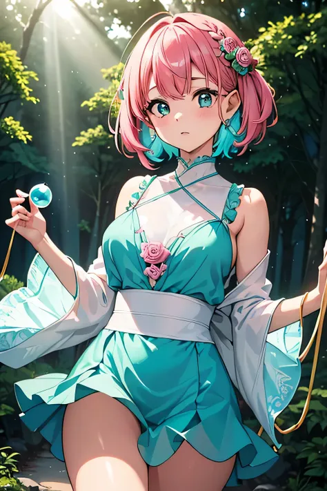 ((( cute forest fairy woman )))、Deep in the forest 、(((Wrapped in shining orbs))),((( sunlight filtering through the trees illuminates her :1.3)))、(((aqua blue and rose pink mixed color hair))),( shiny pixie cut hair wrapped in shining orbs),(detailed clot...