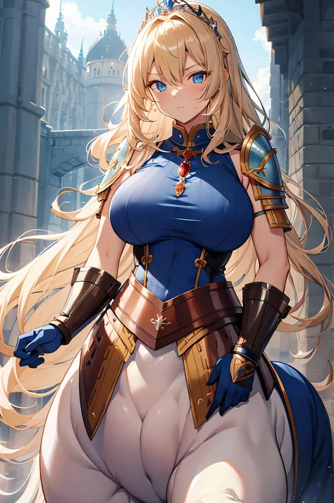 4K, high definition ,One Woman,Centaur,Blonde, long hair , blue eyes , brown fur, huge boobs from afar, Himeji Knight,Blue Armor,Sleeveless, White Long Gloves,Princess Tiara, longsword ,Jewelry decoration,Medieval castle