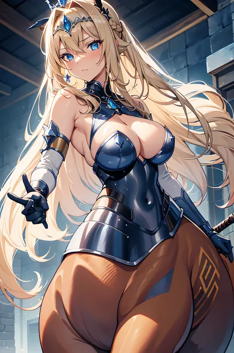 4K, high definition ,One Woman,Centaur,Blonde, long hair , blue eyes , brown fur, huge boobs from afar, Himeji Knight,Blue Armor,Sleeveless,Sideboob, White Long Gloves,Princess Tiara, longsword ,Jewelry decoration,Medieval castle