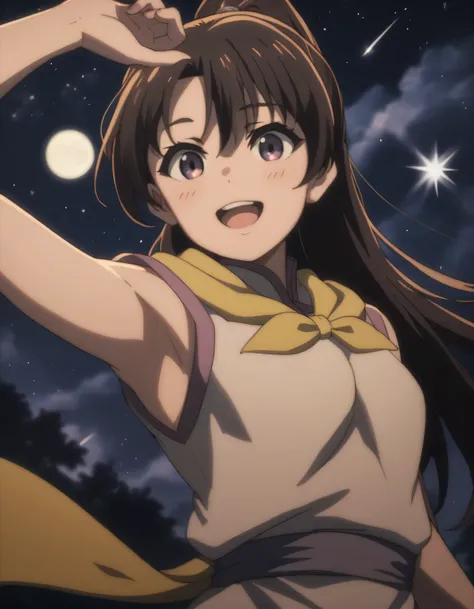 score_9, score_8_up, score_7_up, gsfghtr, multicolored robe, neckerchief, sleeveless, cinematic Lighting, 1girl,solo,looking at viewer,blush,smile, open mouth,romantic place, moon, shooting stars, armpits