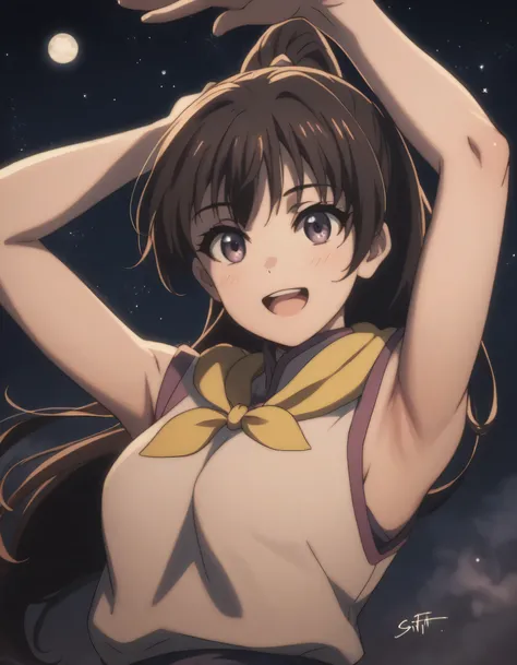 score_9, score_8_up, score_7_up, gsfghtr, multicolored robe, neckerchief, sleeveless, cinematic Lighting, 1girl,solo,looking at viewer,blush,smile, open mouth,romantic place, moon, shooting stars, armpits