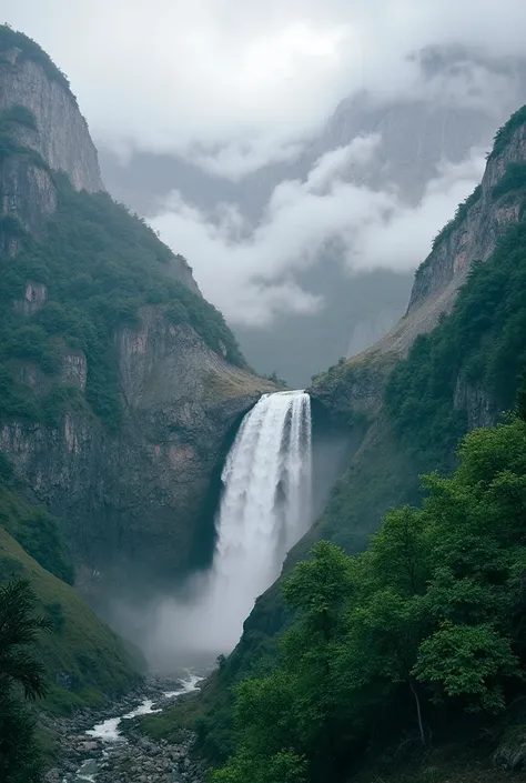 beautiful detailed waterfall in the mountains, lush green forests, dramatic rocks and cliffs, golden sunlight streaming through ...