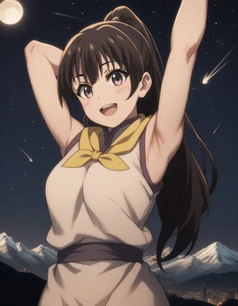 score_9, score_8_up, score_7_up, gsfghtr, (long straight hair), multicolored robe, neckerchief, sleeveless, cinematic Lighting, 1girl,solo,looking at viewer,blush,smile, open mouth,top of mountain, city view, moon, shooting stars, armpits, (bright lighting...