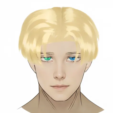 Blonde hair, with a cut that falls slightly over the forehead. The hair has a natural shine, with straight and well-groomed strands, showing a care in its appearance. The ends subtly touch the shadows