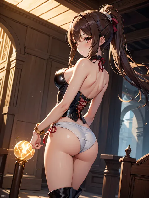 All intricate details, master piece, hip shot, random angle: "A young human-gorgon girl with a slim build and fair skin. She has short, curly light brown hair with a slight reddish hue and an aesthetic snake as a right ponytail. Her eyes are large and a li...