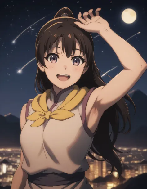 score_9, score_8_up, score_7_up, gsfghtr, (long straight hair), multicolored robe, neckerchief, sleeveless, cinematic Lighting, 1girl,solo,looking at viewer,blush,smile, open mouth,top of mountain, city view, moon, shooting stars, armpits, (bright light fr...