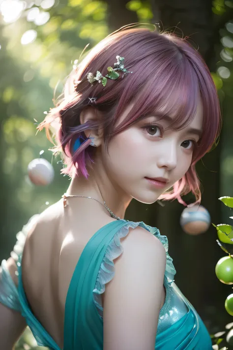 ((( cute forest fairy woman )))、Deep in the forest 、(((Wrapped in shining orbs))),((( sunlight filtering through the trees illuminates her :1.3)))、(((aqua blue and rose pink mixed color hair))),( shiny pixie cut hair wrapped in shining orbs),(detailed clot...