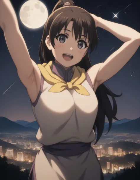 score_9, score_8_up, score_7_up, gsfghtr, (long straight hair), multicolored robe, neckerchief, sleeveless, cinematic Lighting, 1girl,solo,looking at viewer,blush,smile, open mouth,top of mountain, city view, moon, shooting stars, armpits, (((bright light ...