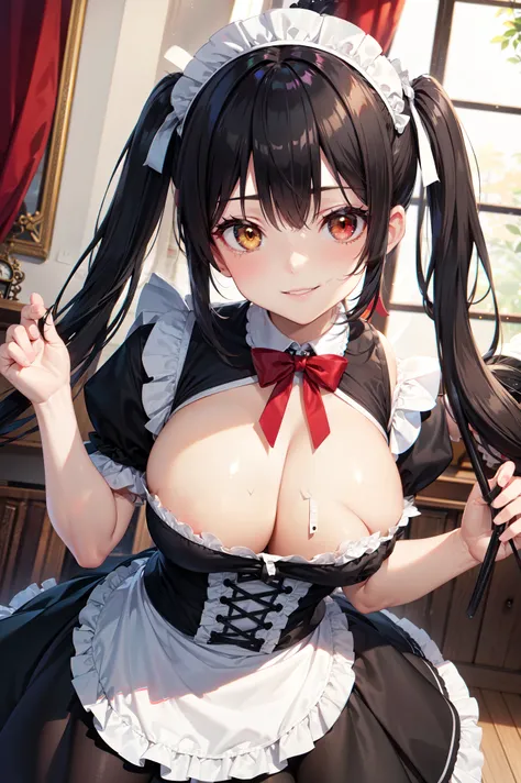   Masterpiece ,   best quality 、street、 boobs you want to rub 、 black hair, Long twin tails, ( yellow eyes:1.2),  rainbow heterochromia, (red eyes:1.2),smile, gothic lolita clothes、Victorian Maid&#39;s Tiara、  black ribbon  、 gothic lolita clothesアクセサリー