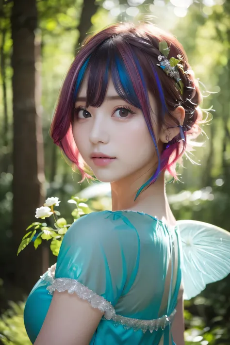 ((( cute forest fairy woman )))、Deep in the forest 、(((Wrapped in shining orbs))),((( sunlight filtering through the trees illuminates her :1.3)))、(((aqua blue and rose pink mixed color hair))),( shiny pixie cut hair wrapped in shining orbs),(big breast sl...