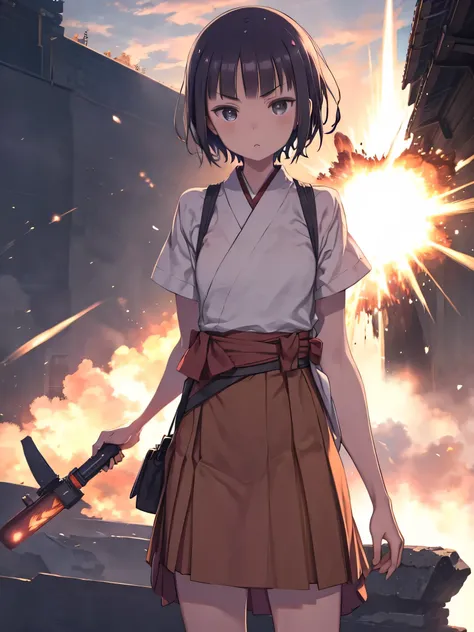  Masterpiece ,  best quality,  high definition , Hinata ise ,  short hair, Japanese clothing, Short sleeve, Hakama skirt ,  brown skirt,  standing, Serious, war, explosion,  cowboy shooting alone