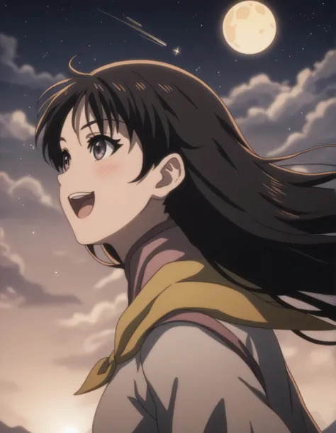 score_9,  score_8_up, score_7_up, gsfghtr, multicolored robe, neckerchief, black hair, (long straight hair),
cinematic Lighting, 1girl,solo,blush,smile, open mouth,Valley with Flowing River, moon, shooting stars, from right side