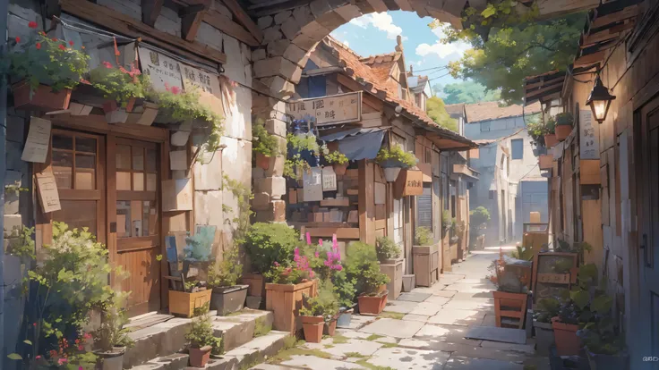 ((( otherworldly)))、(((middle ages)))、No plants、 Italy、Spain、A painting、(((Stone Town)))、 stone shop、 Pan Focus 、No Haze、[[[Flowerless]]]、（unmanned）、(((Anime Background)))、(((Ghibli)))、 no humans 、No animals、 careful graphics、 high quality 、High image qual...