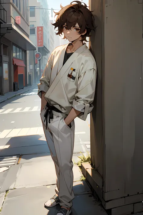 masterpiece, best quality, 1male, young, solo, relaxed demeanor, brown hair, messy hair, brown eyes, sclera, perfect face, white yukata, white gi pants, standing still, street background, stores, street, detailed background