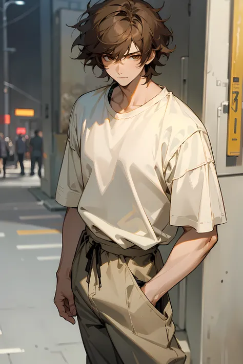 masterpiece, best quality, 1male, young, solo, relaxed demeanor, brown hair, messy hair, brown eyes, sclera, perfect face, white shirt, baggy pants, street background, stores, street, detailed background