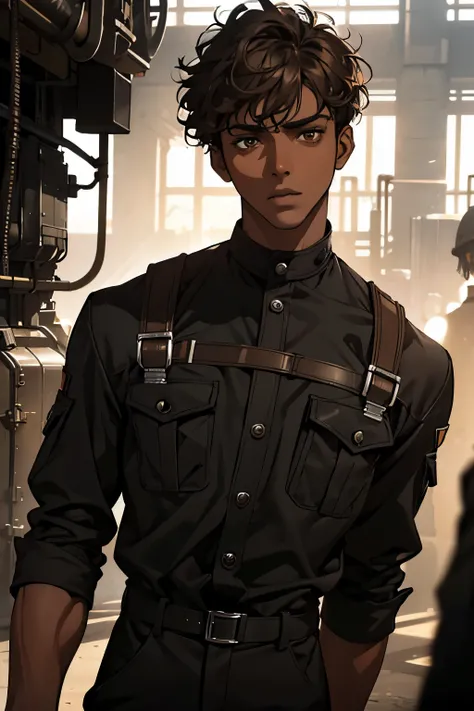 a 20 year old man, slim, short curly brown hair, dark skin, brown eyes, mechanic jumpsuit, detailed face, realistic, photorealistic, high quality, 8k, detailed clothing, intricate details, complex lighting, cinematic composition, dramatic shadows, warm col...