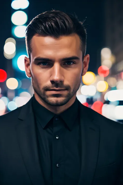 closeup face photo of caucasian man in black clothes, night city street, bokeh