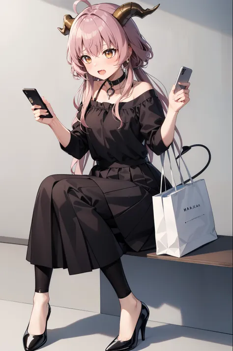 masterpiece:1.2, high quality, best quality, smartphone,skin fang,solo,long skirt,demon girl,knees up,hands up,brown hair,demon ...