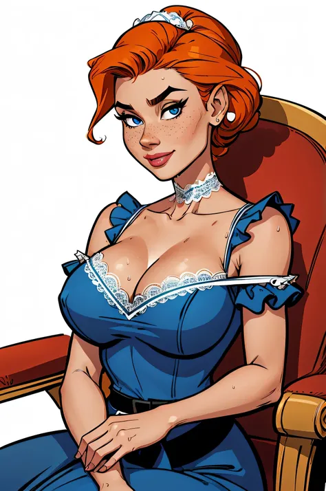 Slim and athletic woman, 25 years, 8k ((high definition)), smiling, seductive look, blue eyes, wearing blue dress ((with v-neckline, lace and short puff sleeves)), black belt, arms positioned at the sides of the body, white skin, straight orange hair ((sho...