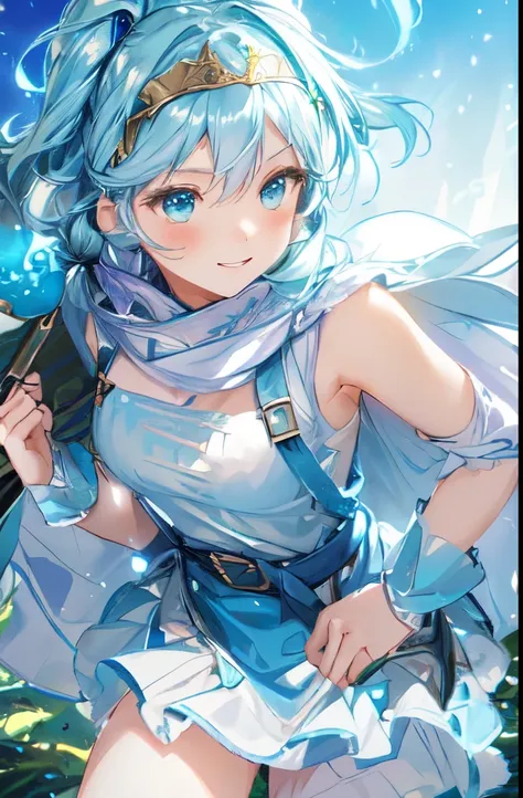 The main character of the file fantasy game、Running through a bright forest、 splash art 、 Masterpiece , 1 girl,  light blue long hair playing a handbell、 Beautiful Girl with Twin Tails 、Battle costume 