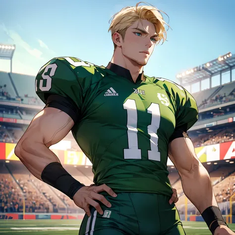 A football player with a green and white jersey, standing on a football field, medium length blonde hair, stubble, blue eyes, athletic build, handsome