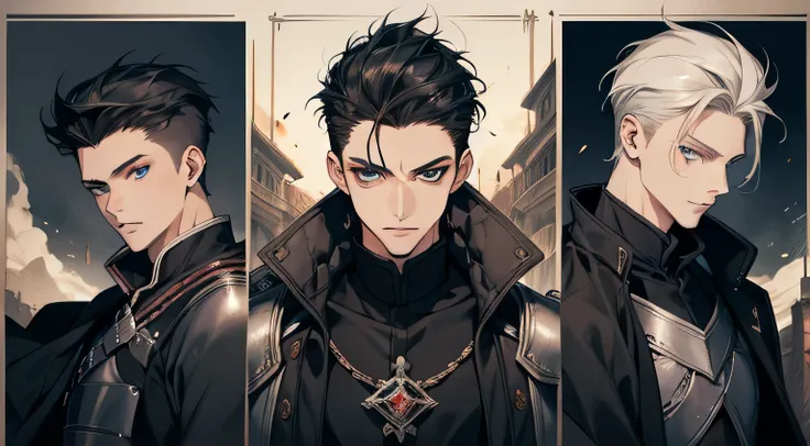 human,Swordsman,man,Short black hair((Quiff hairstyles)) ,Blue eyes,Reach out,30 years old, youthful appearance,  black clothes  ,Black cloth,Medieval anime style , Red sword 