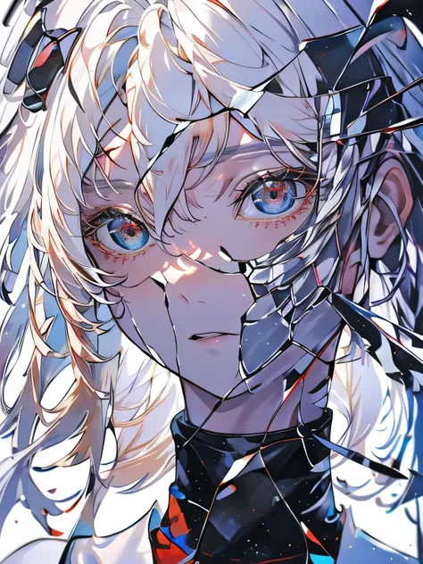 ( Masterpiece , best quality, best quality, Official Art, beautiful), Extreme Details, woman, white hair , Long Length, blue hair, With bangs, red eyes, black shirt , white pants., white hair in a narrow box
