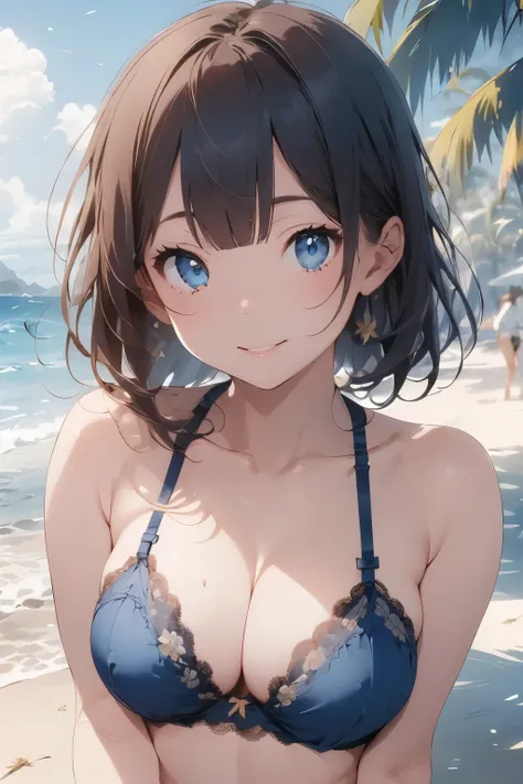 ((Top Quality)), ((Excellent)), (Details), ((Japanese)), ((Lace Bra)), ((Lace Panties)), Beach, Extra Close Up, Ultra Realistic, Stunning Environment, Bright Colors, Black Hair, Shiny Hair, Blunt Bangs, Sunlight, ((Sandy Beach)), ((Tropical)), Palm Trees, ...