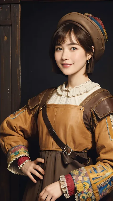 328 (Horse and 20-year-old woman ), ( super real ), (horse barn、There is a horse), ( short hair), (smile), (( gorgeous costume、 colorful )), (( Rembrandt-style painting))