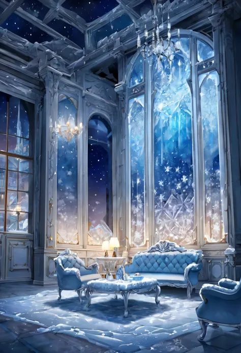 European room scene made of ice at night