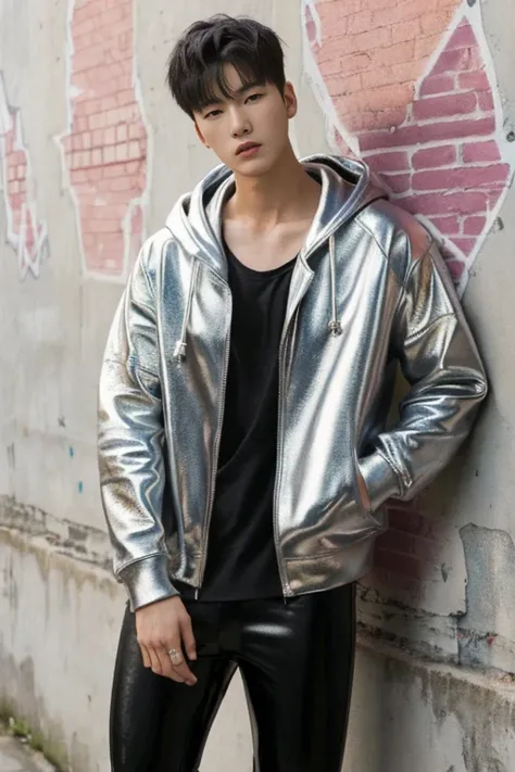 Tall, sun-kissed Korean man, young and handsome with sharp features, shirtless and muscular, wearing black leather pants with silver studs, a black hoodie hanging loosely around his shoulders, and high-top sneakers, standing in front of a graffiti-covered ...