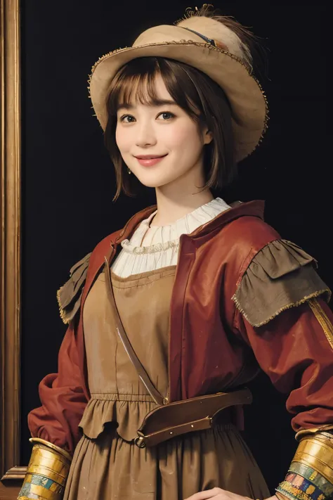 328 (Horse and 20-year-old woman ), ( super real ), (horse barn、There is a horse), ( short hair), (smile), (( gorgeous costume、 colorful )), (( Rembrandt-style painting))