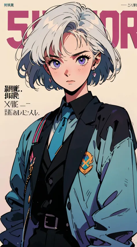  Max image       ,        90s style anime    , 21 year old girl,    white hair   ,     bob short hair  , Sparkling Eyes, Light purple eyes,  light blue  ,    wearing a loose hoodie  ,    black suit,Black Tuxedo,Black lace,   black shirt   ,  Black Tuxedo ,...