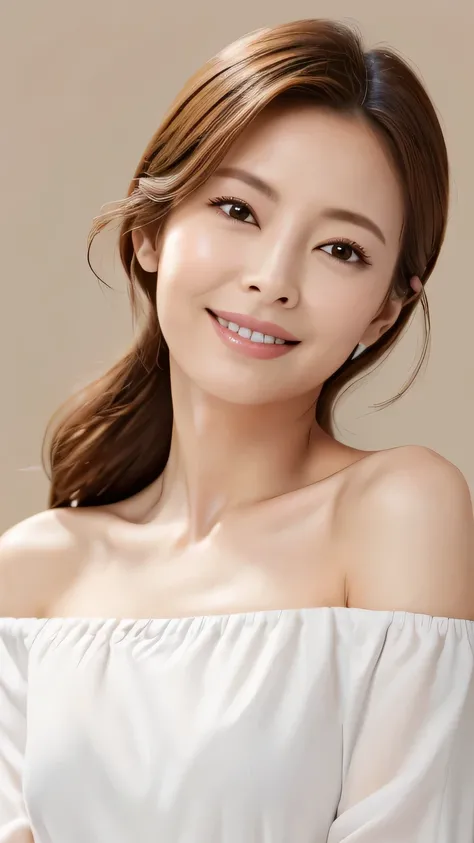White background、 off-shoulder 、 bust up、Fair skin、smile、 Japanese Women 、 skincare model 、Age 35、Super beautiful、 well-prepared face、8K resolution、 super real 、 Super Fine、(( highest resolution、8k、 greatest masterpiece: 1.3) )、 Super Fineフェイス、 Super Fineリ...