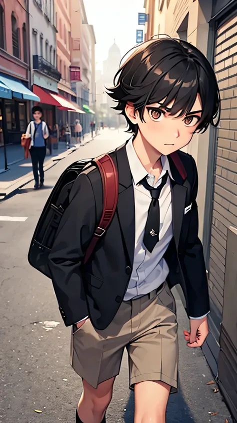 Teenager boy with short, disheveled black hair. Brown eyes. Wearing a school uniform. Backpack on his back. Serious look. Walking through the city streets.