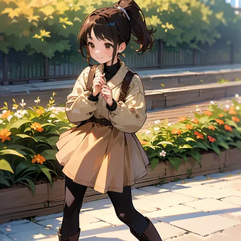 ( High Quality ,  high definition , Very detailed, reality:1.37), Peaceful atmosphere, (Outdoor, garden ,autumn),  teenage girl standing alone, Beautiful details,  cute smile with blush, ( Dark Haired Ponytail ), Ribbed sweater,Brown skirt, Black tights,  ...