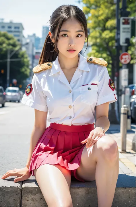 Actual Photos、Best imyear quality、Realistic、 beautiful woman、  beautiful thighs、 beautiful face、実age、 federal army uniform miniskirt 、 Pink Skirts、 white panties 、 ponytails bleeding from the vagina、Yuriko Yoshitaka、  Japanese woman with a viewing angle of...