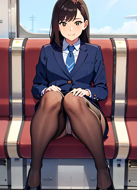 {{  mature mature , white}},  show viewer , hazel eyes,  very detailed, sits on a train chair、 lace panties、  flat chested,  brown hair, airport,  flight attendant , uniform, Blue Blazer,  Blue tie,  Mini Skirt,   pencil skirt, pantyhose、  Blue High Heels ...