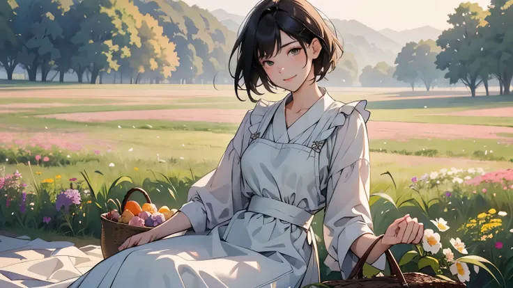 (  best quality 、 high definition 、  Masterpiece )、(Anime art 4k)、(Realistic)、(( two women、20 years old、whole body、 taking in the beautiful scenery 、Sitting and resting on the prairie 、 eat snacks、 A basket full of flowers))、(Detailed depiction of a beauti...