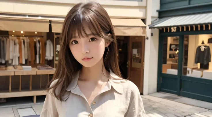 High Definition, 4K, Photo Quality, Realistic Stick, Soft Light Source, Wide Shot, Japanese, One Girl, Pretty Girl, 20 years old, Brown Eyes, Parted Bangs, Brown Hair, Medium Hair, Looking At Camera, Upper Body.
Season: summer.
Costume: linen blouse.
Locat...