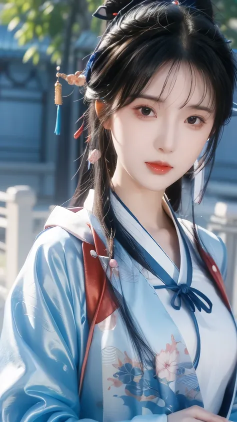 Close-up of a woman in a blue hanfu, Game CG, Smooth Anime CG Art,   was inspired by Li Meishu  , Close-up characters, 3D animation realistic, 4k detail fantasy,  realistic anime girl rendering , yun ling,  8k UHD character details  , Anime CGI, Art bud ; ...