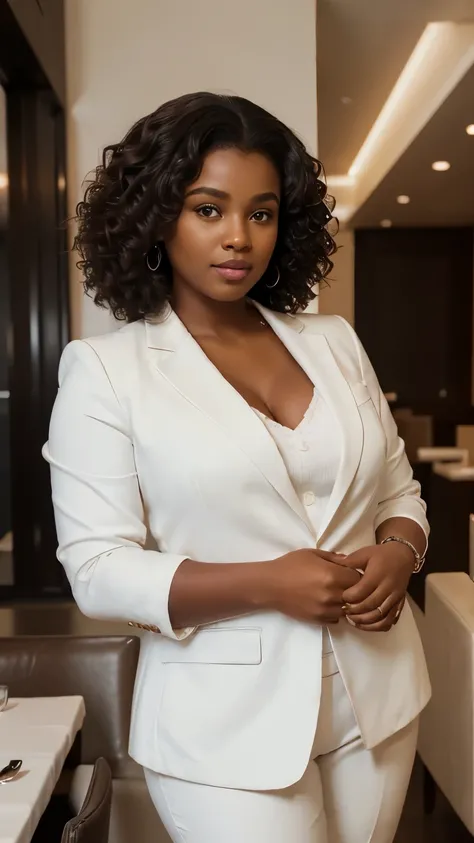 (a young fat black woman). (dark brown, medium and curly hair, thrown to the left side). She is 36 years old. ((She wears an elegant white suit)). well-groomed and realistic hands. She is in a modern and elegant restaurant at night. Extremely realistic pho...